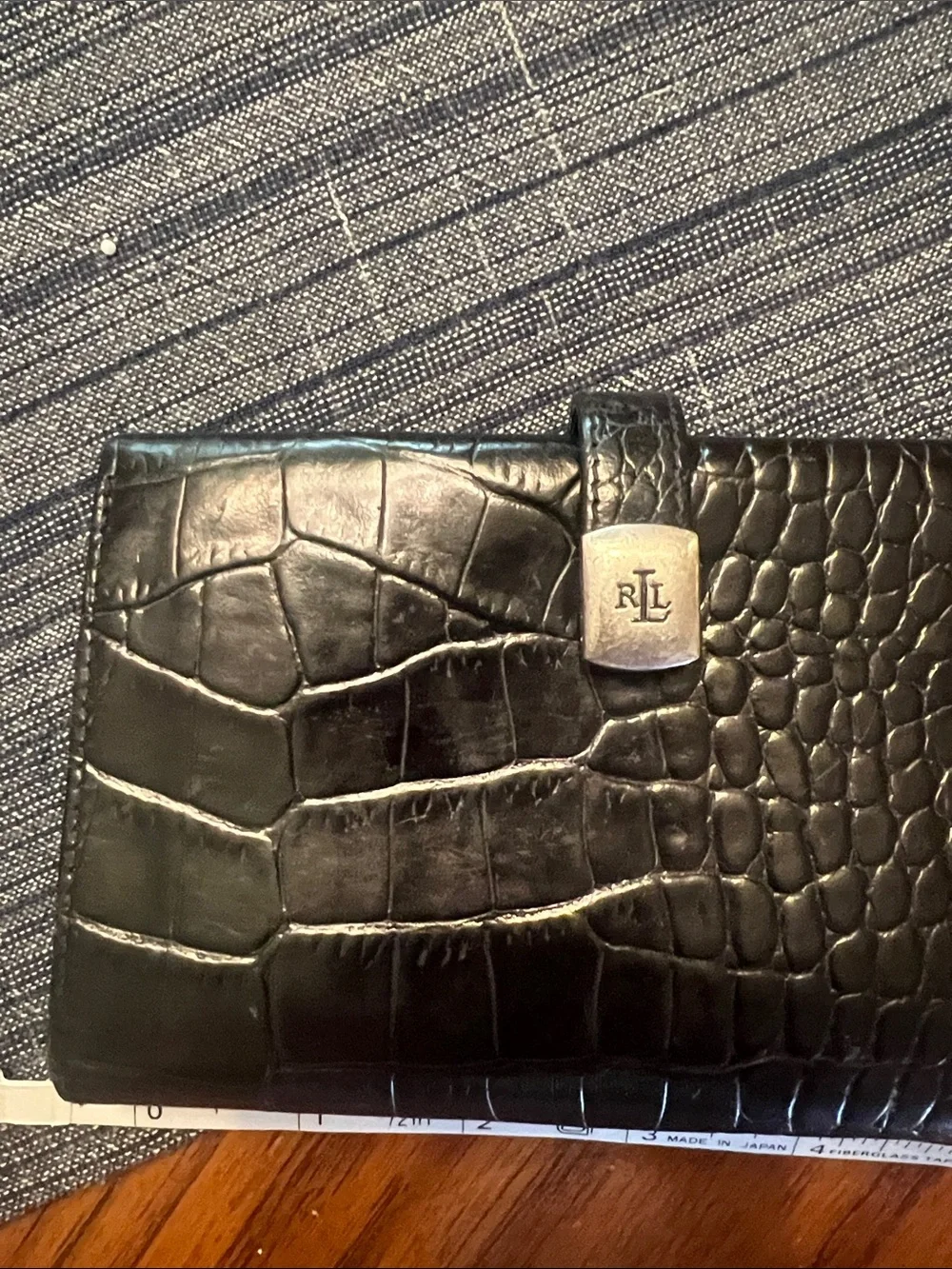 Ralph Lauren Black Croc-Embossed Leather Key & Card Holder